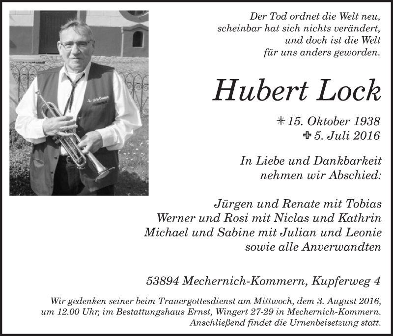  Traueranzeige für Hubert Lock vom 23.07.2016 aus  Blickpunkt Euskirchen 