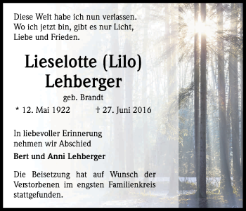 Anzeige von Lieselotte Lehberger von Kölner Stadt-Anzeiger / Kölnische Rundschau / Express