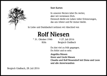 Anzeige von Rolf Niesen von Kölner Stadt-Anzeiger / Kölnische Rundschau / Express