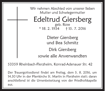 Anzeige von Edeltrud Giersberg von  Schaufenster/Blickpunkt 