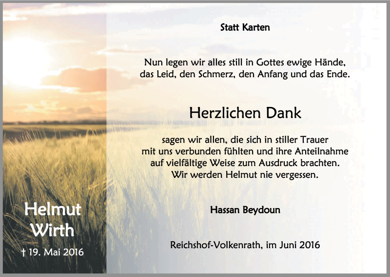  Traueranzeige für Helmut Wirth vom 02.07.2016 aus Kölner Stadt-Anzeiger / Kölnische Rundschau / Express