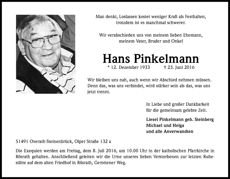  Traueranzeige für Hans Pinkelmann vom 02.07.2016 aus Kölner Stadt-Anzeiger / Kölnische Rundschau / Express