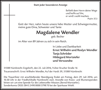 Anzeige von Magdalene Wendler von  Lokalanzeiger 