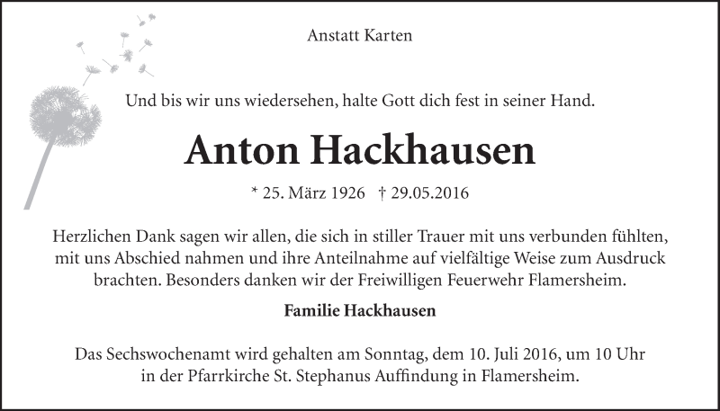  Traueranzeige für Anton Hackhausen vom 02.07.2016 aus  Blickpunkt Euskirchen 
