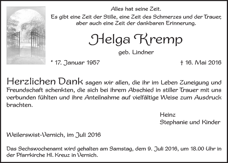  Traueranzeige für Helga Kremp vom 02.07.2016 aus  Blickpunkt Euskirchen 