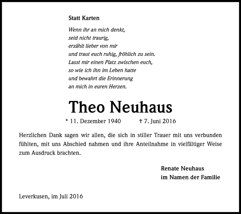  Traueranzeige für Theo Neuhaus vom 09.07.2016 aus Kölner Stadt-Anzeiger / Kölnische Rundschau / Express