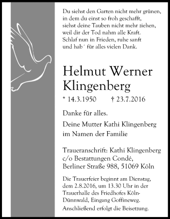 Anzeige von Helmut Werner Klingenberg von Kölner Stadt-Anzeiger / Kölnische Rundschau / Express