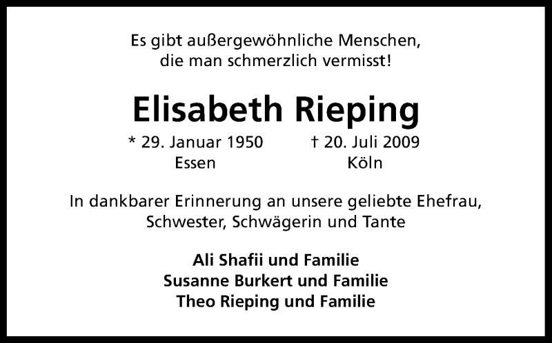 Traueranzeige für Elisabeth Rieping vom 20.07.2016 aus Kölner Stadt-Anzeiger / Kölnische Rundschau / Express