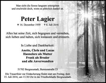 Anzeige von Peter Lagier von Kölner Stadt-Anzeiger / Kölnische Rundschau / Express