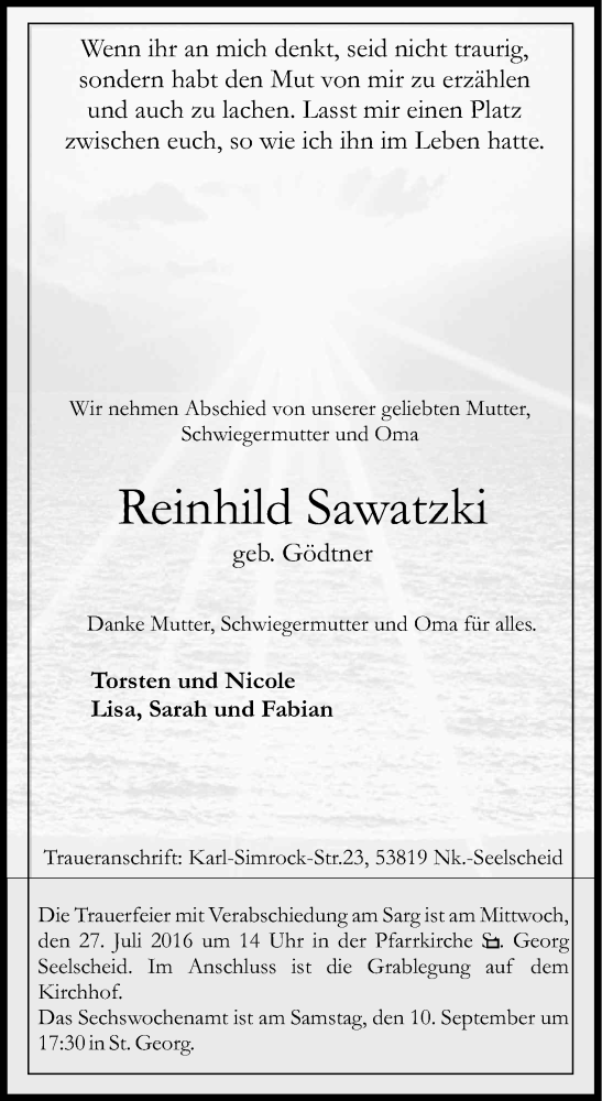  Traueranzeige für Reinhild Sawatzki vom 23.07.2016 aus Kölner Stadt-Anzeiger / Kölnische Rundschau / Express