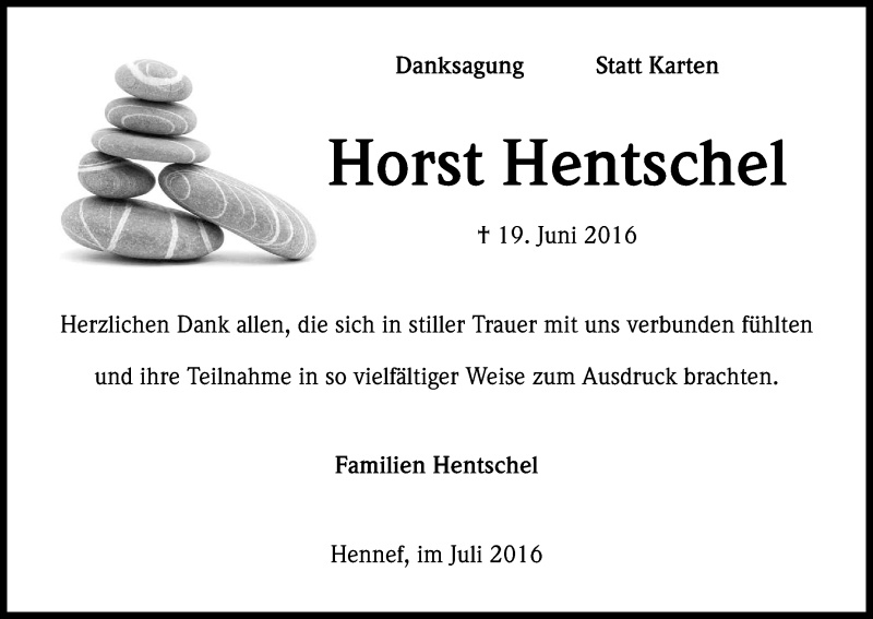  Traueranzeige für Horst Hentschel vom 16.07.2016 aus Kölner Stadt-Anzeiger / Kölnische Rundschau / Express