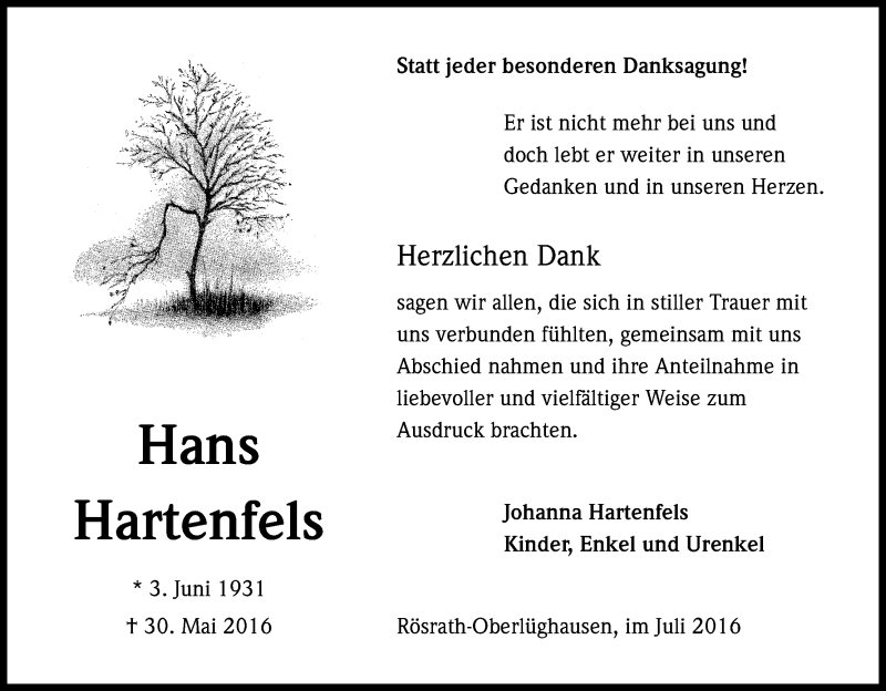  Traueranzeige für Hans Hartenfels vom 09.07.2016 aus Kölner Stadt-Anzeiger / Kölnische Rundschau / Express