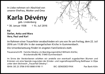 Anzeige von Karla Deveny von Kölner Stadt-Anzeiger / Kölnische Rundschau / Express