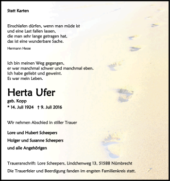 Anzeige von Herta Ufer von Kölner Stadt-Anzeiger / Kölnische Rundschau / Express