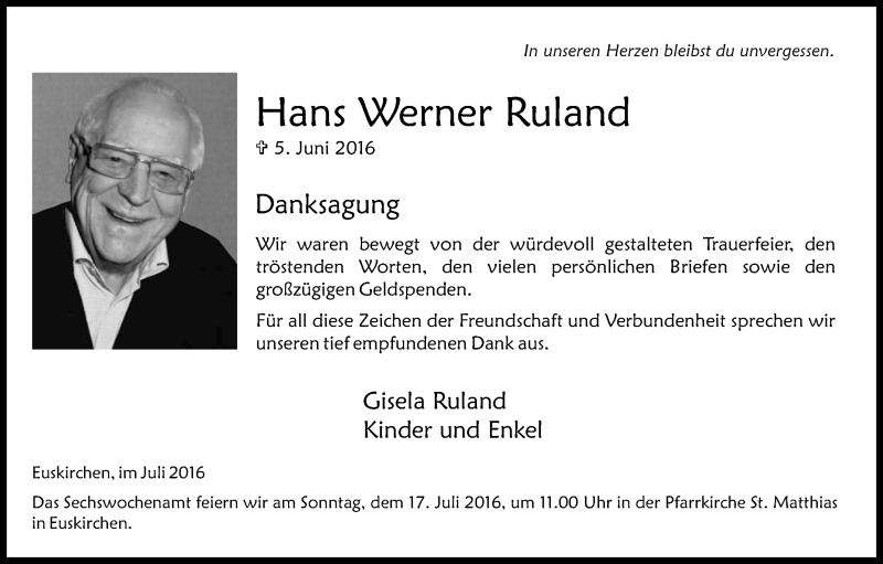  Traueranzeige für Hans Werner Ruland vom 09.07.2016 aus Kölner Stadt-Anzeiger / Kölnische Rundschau / Express