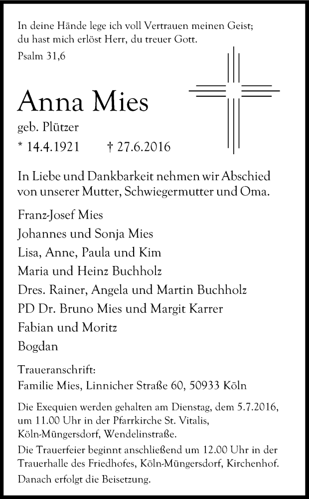  Traueranzeige für Anna Mies vom 02.07.2016 aus Kölner Stadt-Anzeiger / Kölnische Rundschau / Express