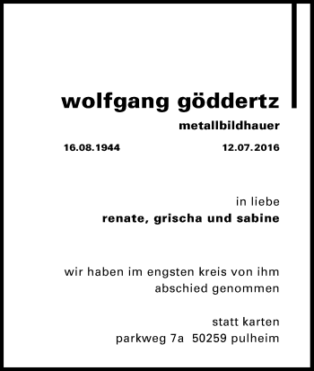 Anzeige von Wolfgang Göddertz von Kölner Stadt-Anzeiger / Kölnische Rundschau / Express