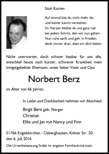 Anzeige von Norbert Berz von  Anzeigen Echo 