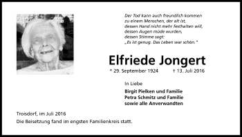 Anzeige von Elfriede Jongert von Kölner Stadt-Anzeiger / Kölnische Rundschau / Express
