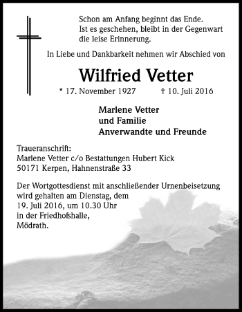 Anzeige von Wilfried Vetter von Kölner Stadt-Anzeiger / Kölnische Rundschau / Express