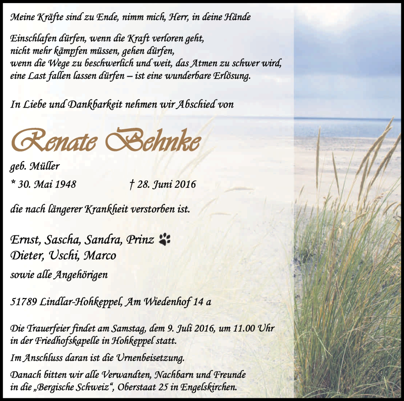  Traueranzeige für Renate Behnke vom 02.07.2016 aus Kölner Stadt-Anzeiger / Kölnische Rundschau / Express