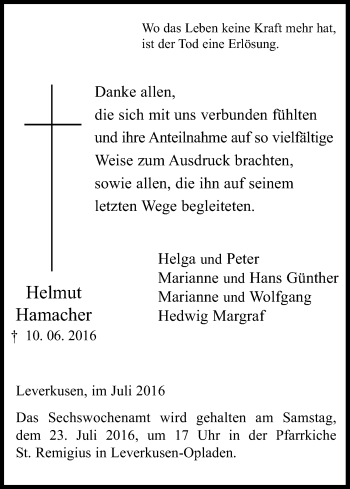 Anzeige von Helmut Hamacher von Kölner Stadt-Anzeiger / Kölnische Rundschau / Express