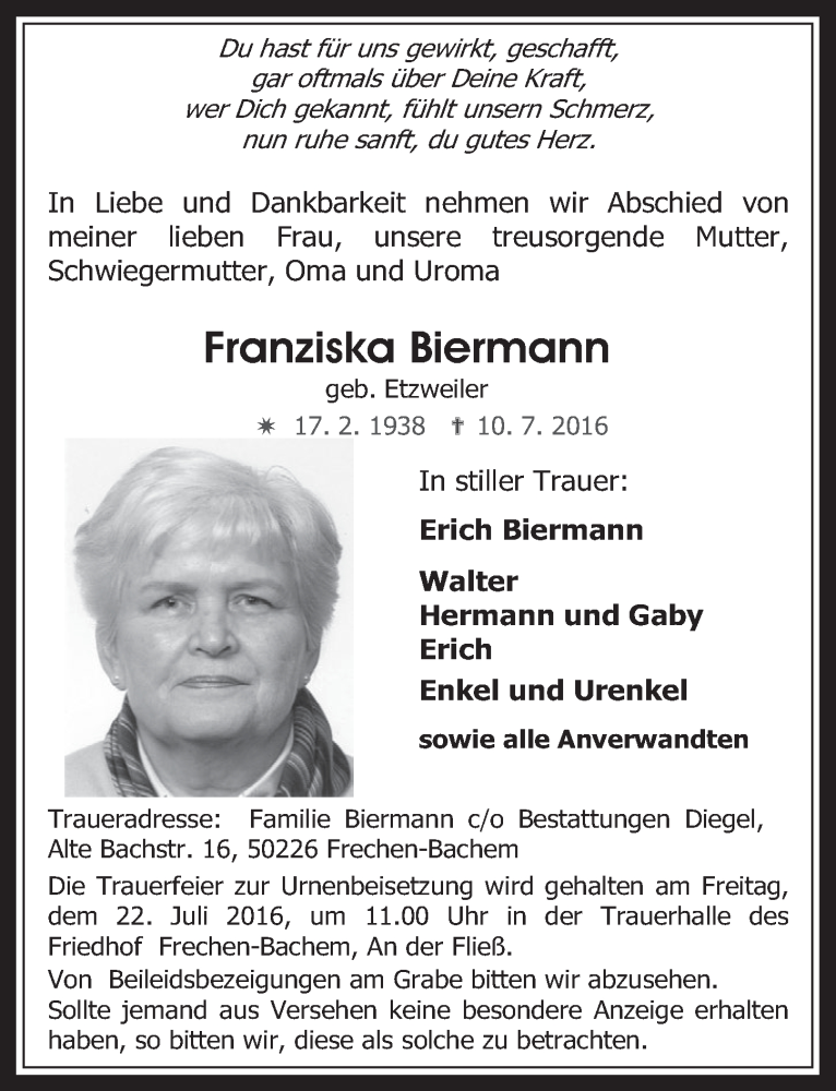  Traueranzeige für Franziska Biermann vom 20.07.2016 aus  Wochenende 