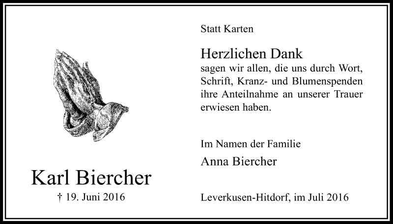  Traueranzeige für Karl Biercher vom 20.07.2016 aus  Lokale Informationen 