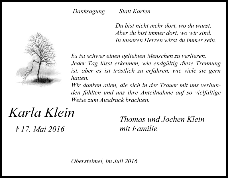  Traueranzeige für Karla Klein vom 02.07.2016 aus Kölner Stadt-Anzeiger / Kölnische Rundschau / Express