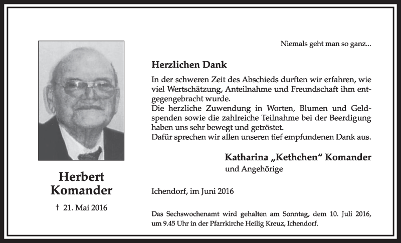  Traueranzeige für Herbert Komander vom 02.07.2016 aus  Sonntags-Post 
