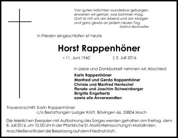 Anzeige von Horst Rappenhöner von Kölner Stadt-Anzeiger / Kölnische Rundschau / Express