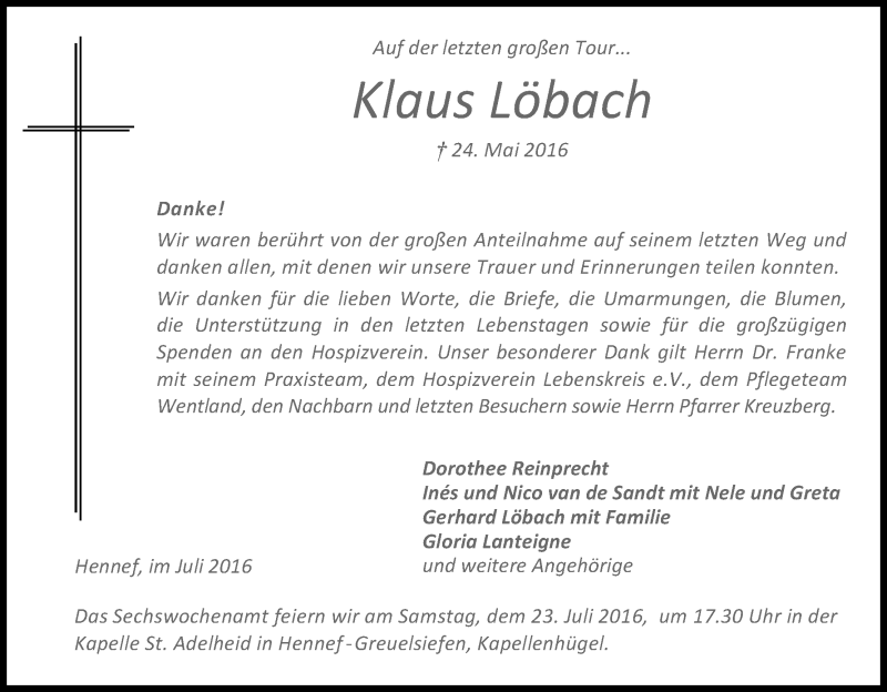  Traueranzeige für Klaus Löbach vom 16.07.2016 aus Kölner Stadt-Anzeiger / Kölnische Rundschau / Express