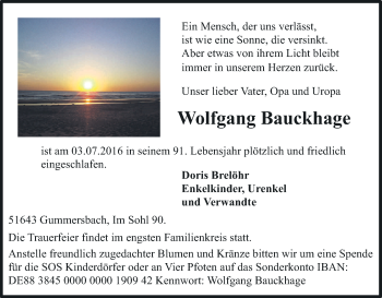 Anzeige von Wolfgang Bauckhage von Kölner Stadt-Anzeiger / Kölnische Rundschau / Express