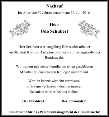 Anzeige von Udo Schubert von Kölner Stadt-Anzeiger / Kölnische Rundschau / Express