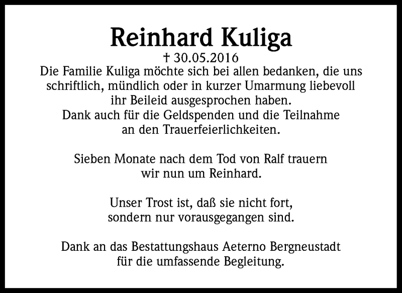  Traueranzeige für Reinhard Kuliga vom 15.07.2016 aus Kölner Stadt-Anzeiger / Kölnische Rundschau / Express