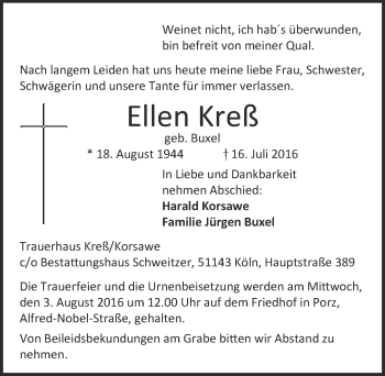 Anzeige von Ellen Kreß von  Kölner Wochenspiegel 