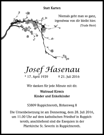 Anzeige von Josef Hasenau von Kölner Stadt-Anzeiger / Kölnische Rundschau / Express