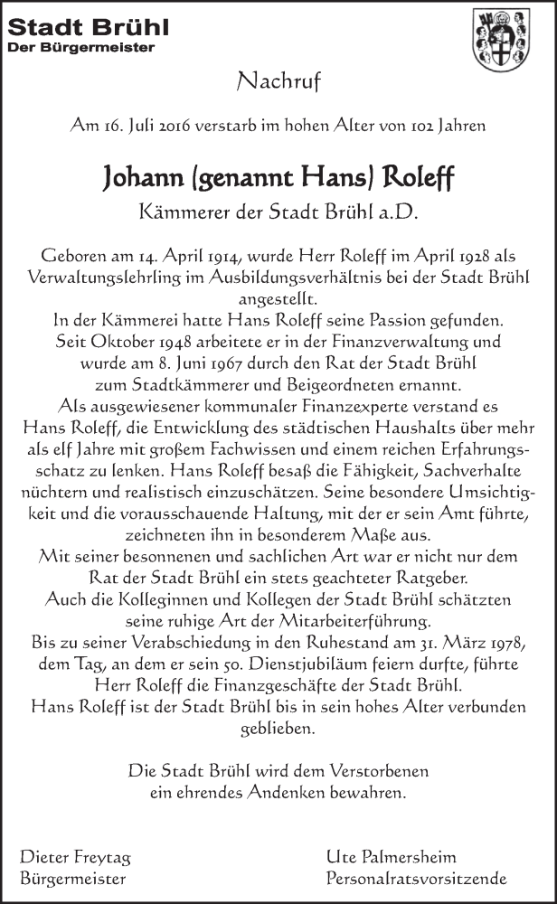  Traueranzeige für Johann Roleff vom 27.07.2016 aus  Schlossbote/Werbekurier 