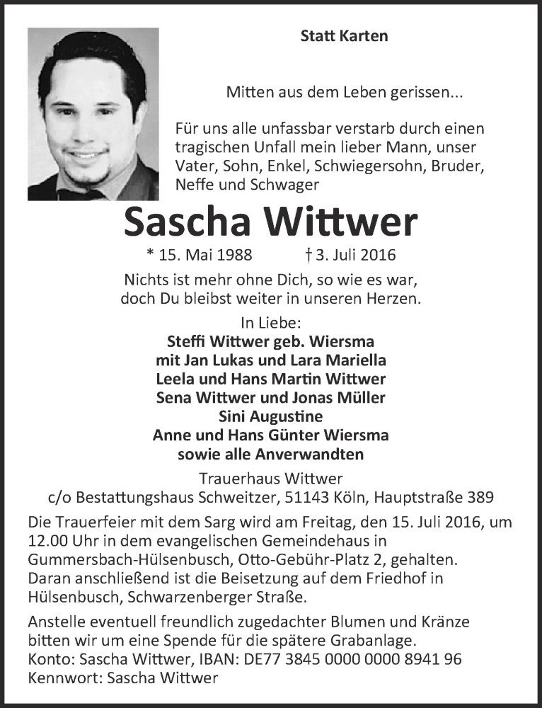  Traueranzeige für Sascha Wittwer vom 13.07.2016 aus  Anzeigen Echo 