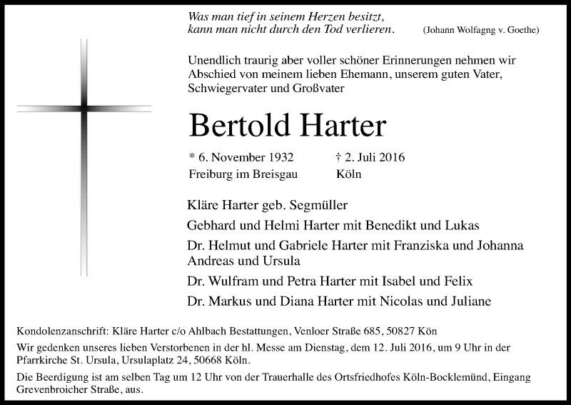  Traueranzeige für Bertold Harter vom 09.07.2016 aus Kölner Stadt-Anzeiger / Kölnische Rundschau / Express