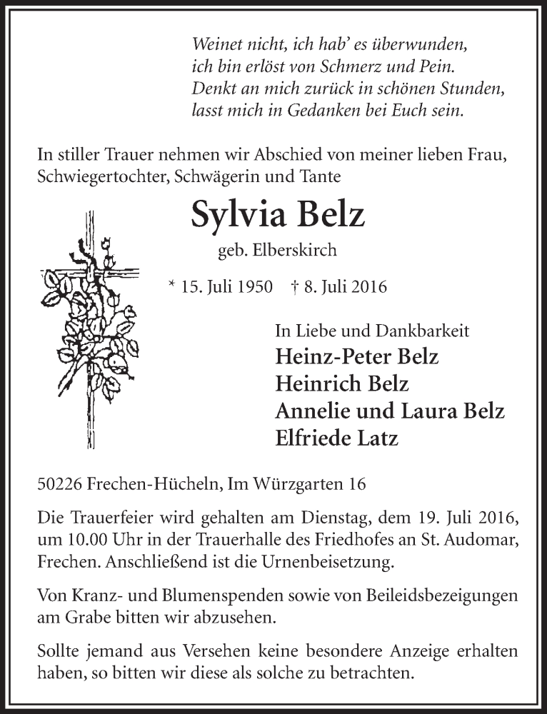  Traueranzeige für Sylvia Belz vom 16.07.2016 aus  Sonntags-Post 