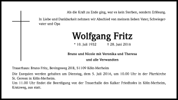 Anzeige von Wolfgang Fritz von Kölner Stadt-Anzeiger / Kölnische Rundschau / Express