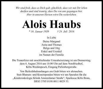 Anzeige von Alois Haubs von Kölner Stadt-Anzeiger / Kölnische Rundschau / Express