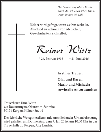 Anzeige von Reiner Wirtz von  Sonntags-Post 