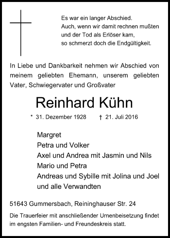 Anzeige von Reinhard Kühn von Kölner Stadt-Anzeiger / Kölnische Rundschau / Express