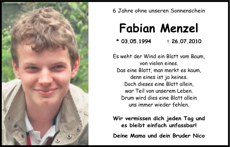  Traueranzeige für Fabian Menzel vom 26.07.2016 aus Kölner Stadt-Anzeiger / Kölnische Rundschau / Express