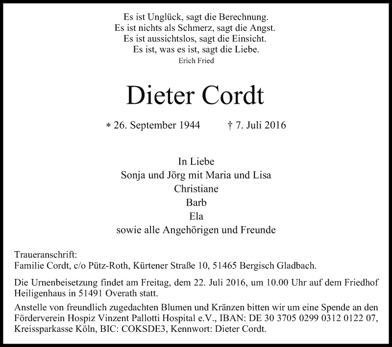  Traueranzeige für Dieter Cordt vom 15.07.2016 aus Kölner Stadt-Anzeiger / Kölnische Rundschau / Express