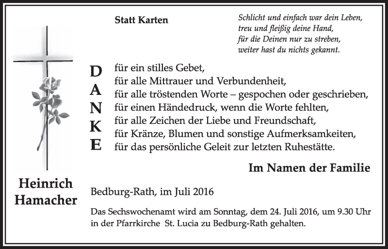  Traueranzeige für Heinrich Hamacher vom 09.07.2016 aus  Sonntags-Post 