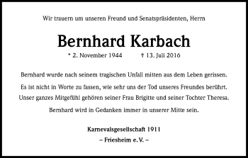 Anzeige von Bernhard Karbach von Kölner Stadt-Anzeiger / Kölnische Rundschau / Express