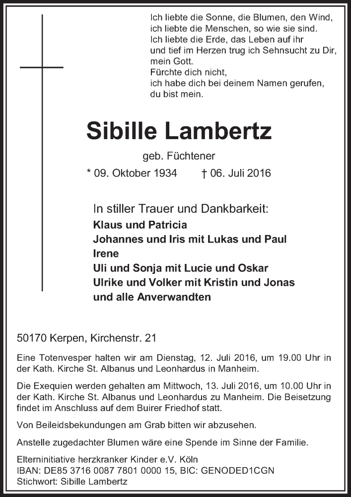 Traueranzeige für Sibille Lambertz vom 09.07.2016 aus  Sonntags-Post 